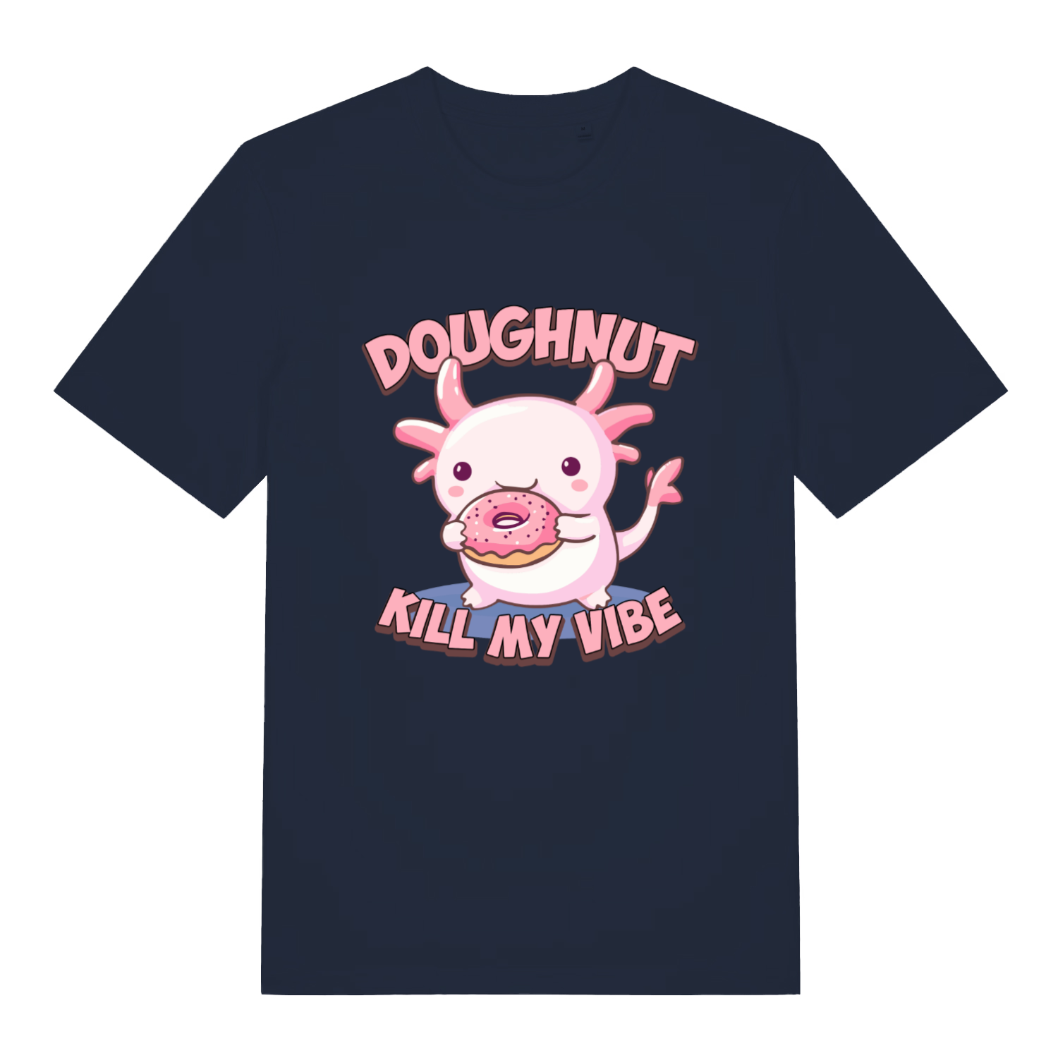 French Navy Doughnut Kill My Vibe T-shirt flat lay showing adorable "Doughnut Kill My Vibe" illustration