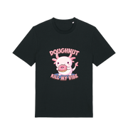 black kawaii t-shirt with the graphic of an axolotl holding a doughnut and the slogan 'doughnut kill my vibe'