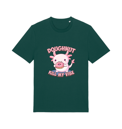 green kawaii t-shirt with the graphic of an axolotl holding a doughnut and the slogan 'doughnut kill my vibe'