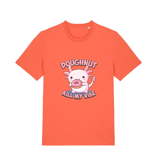 orange kawaii t-shirt with the graphic of an axolotl holding a doughnut and the slogan 'doughnut kill my vibe'