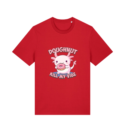 red kawaii t-shirt with the graphic of an axolotl holding a doughnut and the slogan 'doughnut kill my vibe'