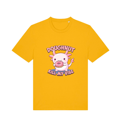 yellow kawaii t-shirt with the graphic of an axolotl holding a doughnut and the slogan 'doughnut kill my vibe'