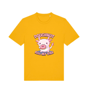 yellow kawaii t-shirt with the graphic of an axolotl holding a doughnut and the slogan 'doughnut kill my vibe'