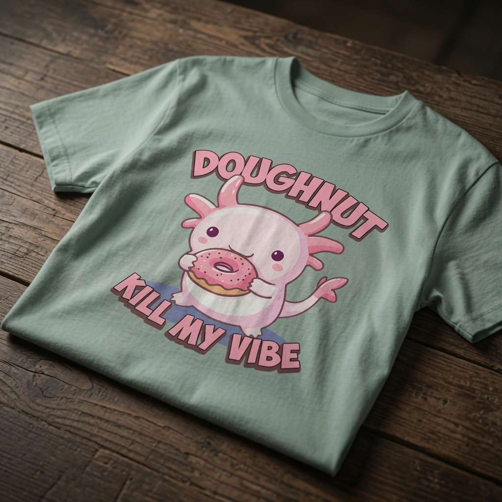 Aloe Doughnut Kill My Vibe t-shirt on wood featuring kawaii axolotl holding a doughnut
