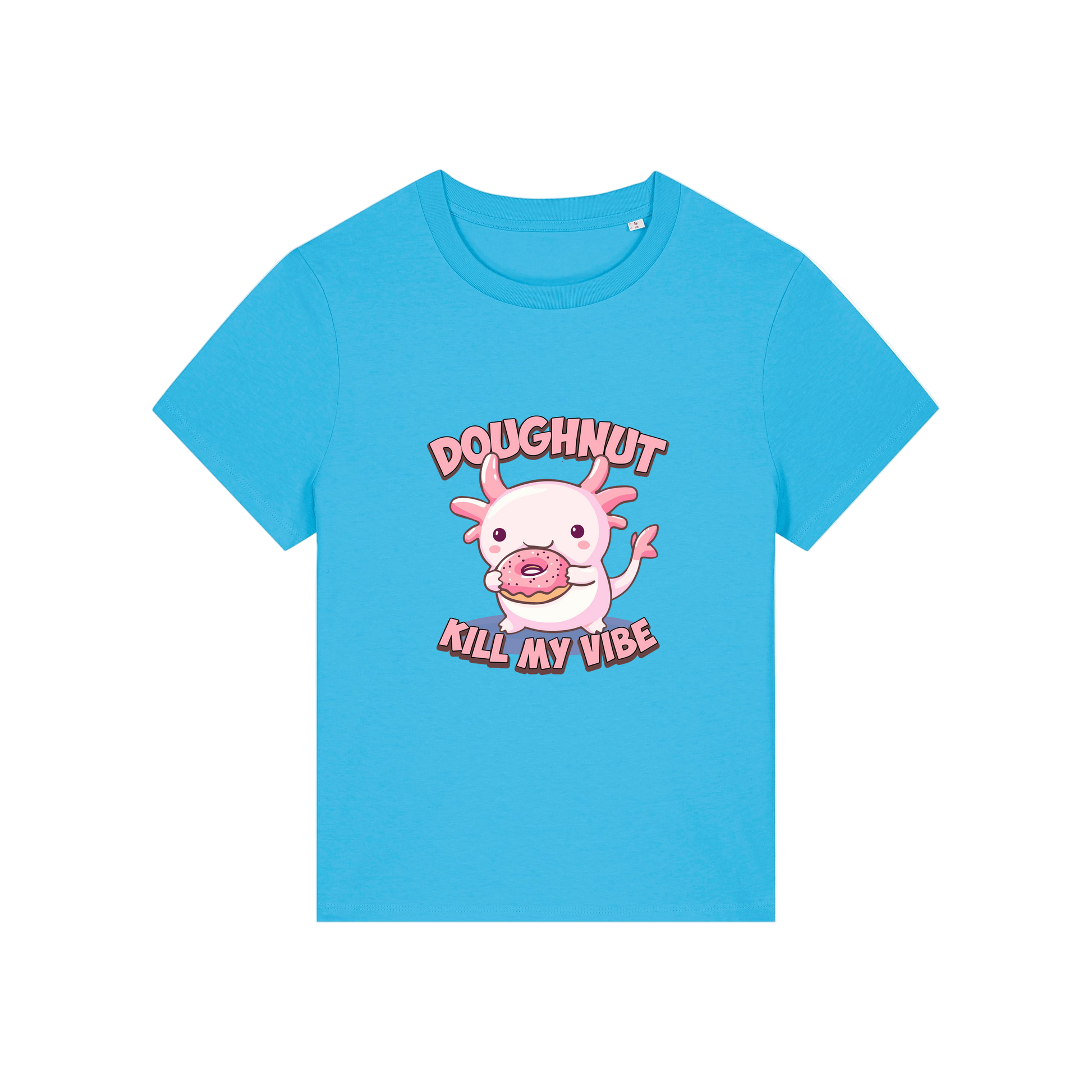blue funny animal t-shirt with the graphic of a cartoon axolotl eating a doughnut with the slogan 'doughnut kill my vibe'
