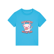 blue funny animal t-shirt with the graphic of a cartoon axolotl eating a doughnut with the slogan 'doughnut kill my vibe'