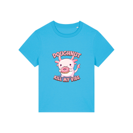 blue funny animal t-shirt with the graphic of a cartoon axolotl eating a doughnut with the slogan 'doughnut kill my vibe'