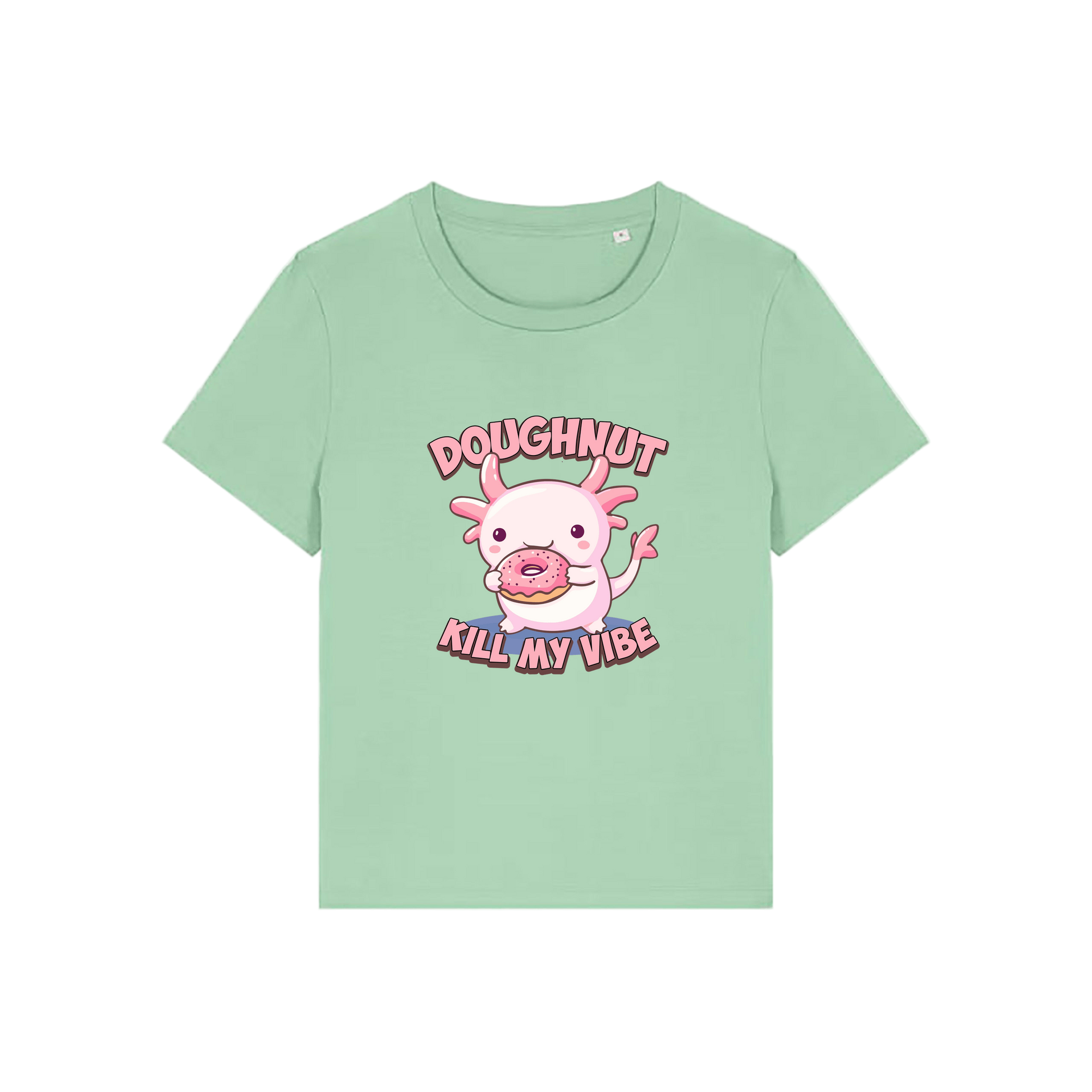 green funny animal t-shirt with the graphic of a cartoon axolotl eating a doughnut with the slogan 'doughnut kill my vibe'