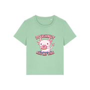 green funny animal t-shirt with the graphic of a cartoon axolotl eating a doughnut with the slogan 'doughnut kill my vibe'