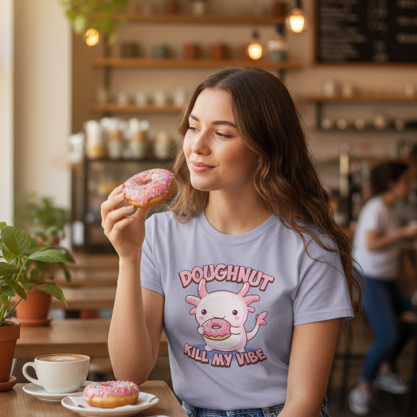 woman sat eating a doughnut, wearing a graphic t-shirt with an axolotl design