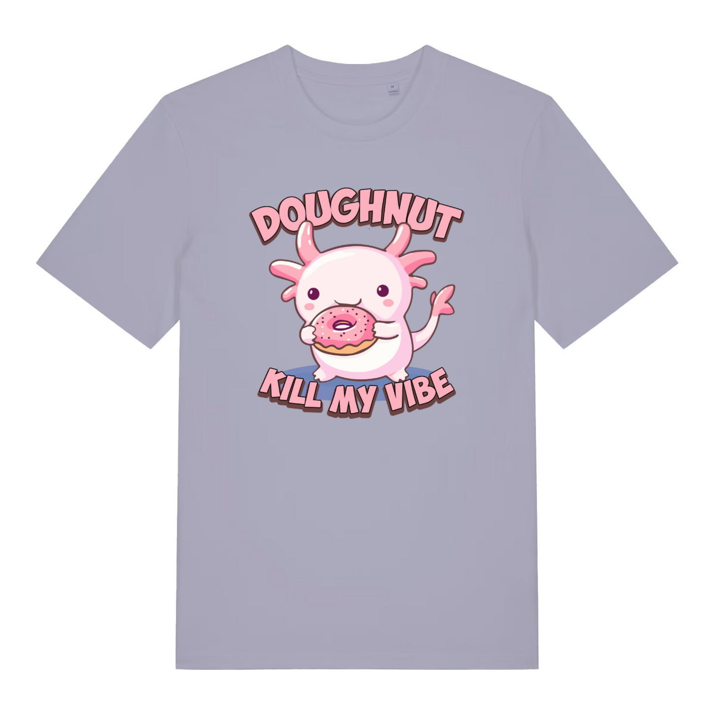 lavender women's kawaii t-shirt with the graphic of an axolotl eating a doughnut and the slogan 'doughnut kill my vibe'