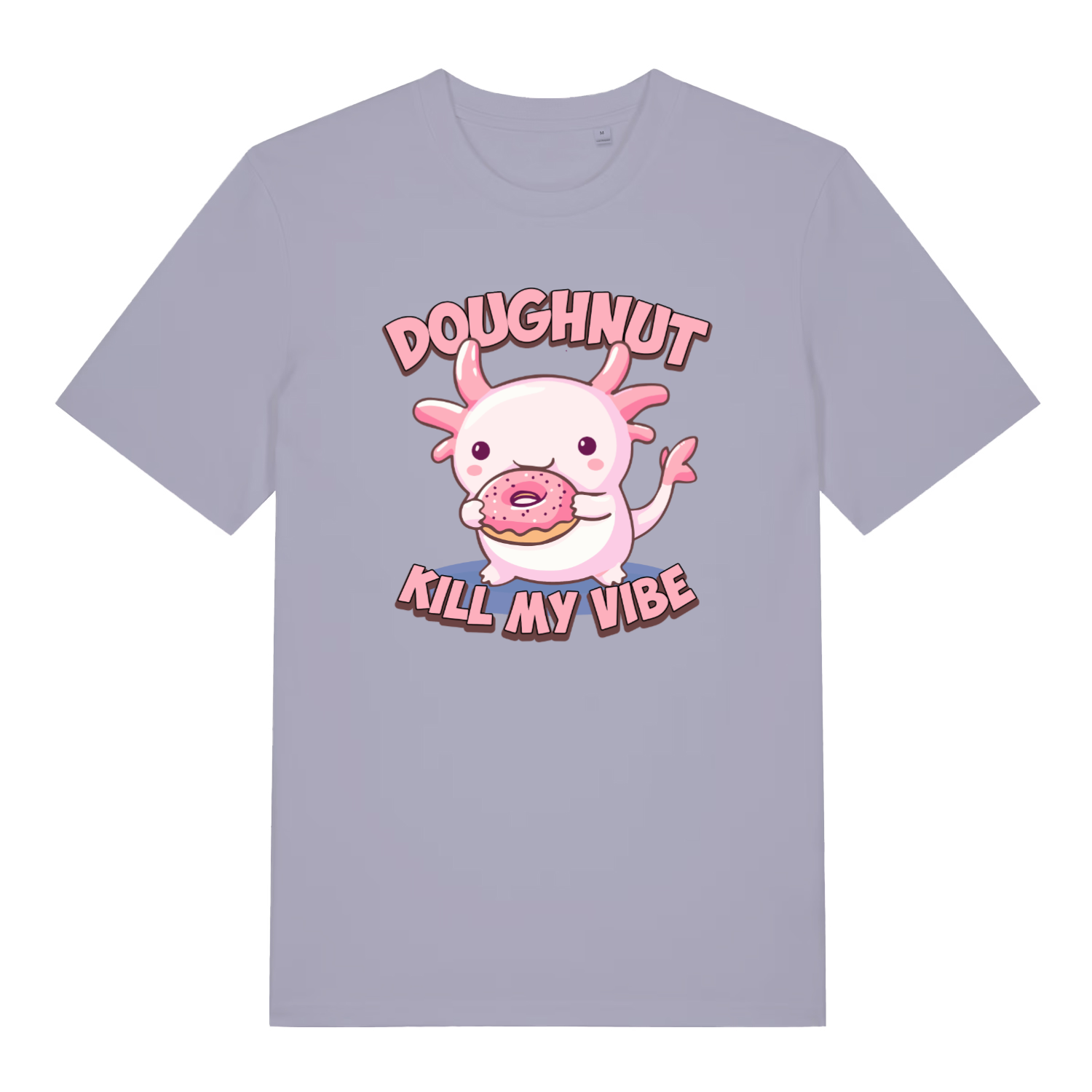 lavender women's kawaii t-shirt with the graphic of an axolotl eating a doughnut and the slogan 'doughnut kill my vibe'