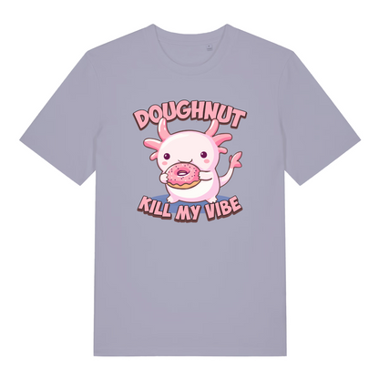 lavender women's kawaii t-shirt with the graphic of an axolotl eating a doughnut and the slogan 'doughnut kill my vibe'