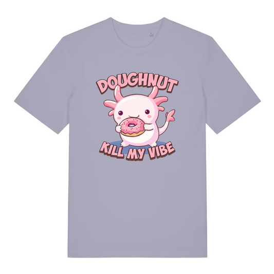 lavender women's kawaii t-shirt with the graphic of an axolotl eating a doughnut and the slogan 'doughnut kill my vibe'