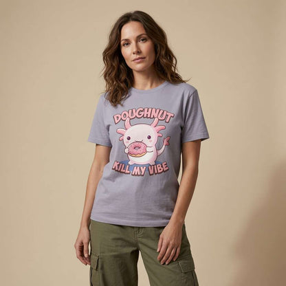 Woman in lavender Doughnut Kill My Vibe tee, funny witty kawaii axolotl graphic