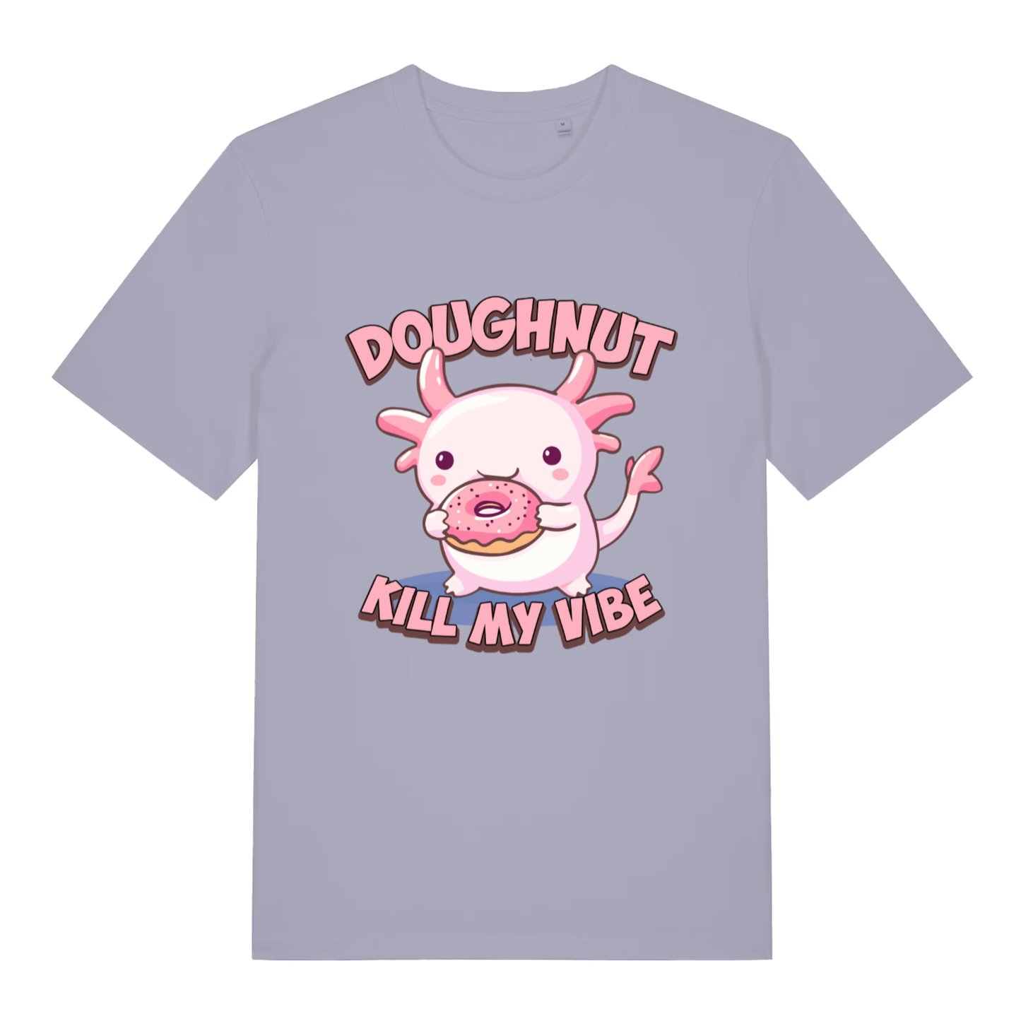 Lavender women's Doughnut Kill My Vibe T-shirt flat lay showing adorable "Doughnut Kill My Vibe" illustration