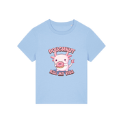 light blue funny animal t-shirt with the graphic of a cartoon axolotl eating a doughnut with the slogan 'doughnut kill my vibe'