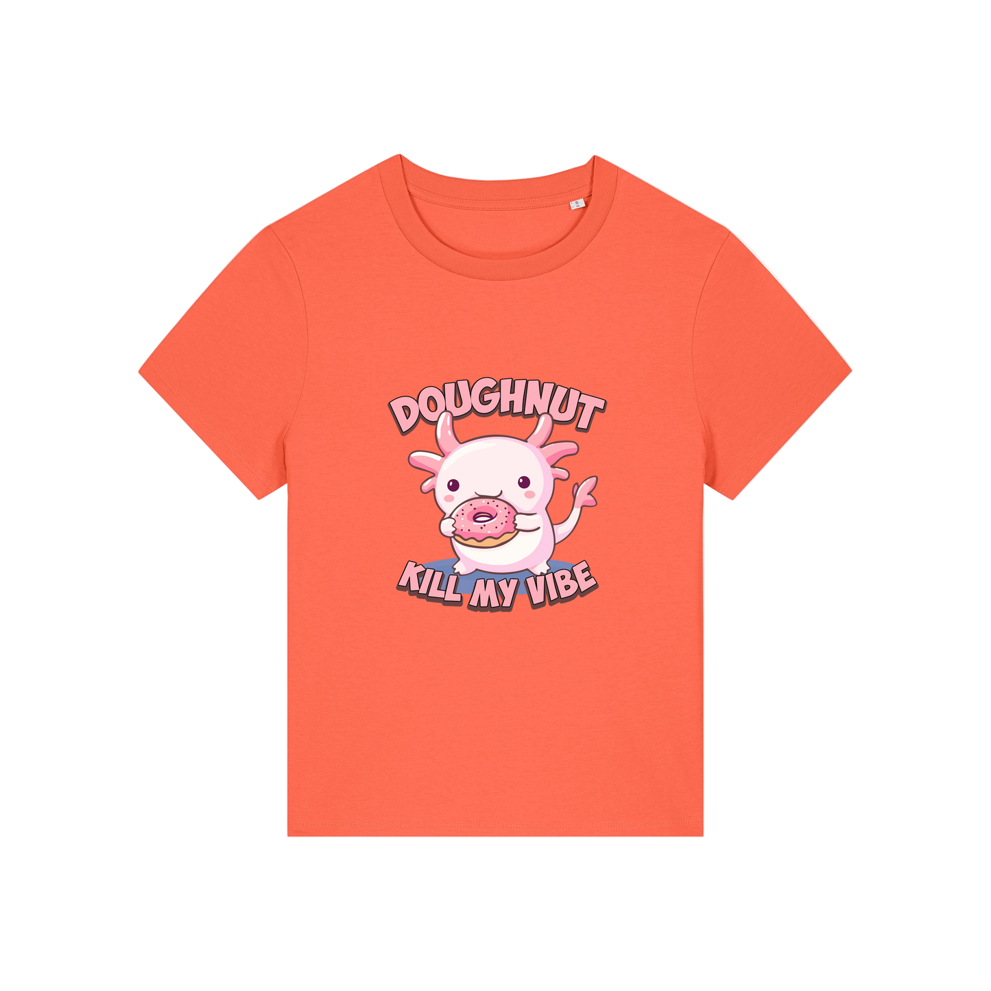 orange funny animal t-shirt with the graphic of a cartoon axolotl eating a doughnut with the slogan 'doughnut kill my vibe'