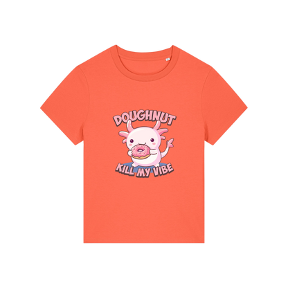 orange funny animal t-shirt with the graphic of a cartoon axolotl eating a doughnut with the slogan 'doughnut kill my vibe'