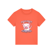 orange funny animal t-shirt with the graphic of a cartoon axolotl eating a doughnut with the slogan 'doughnut kill my vibe'