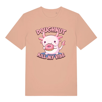 peach women's kawaii t-shirt with the graphic of an axolotl eating a doughnut and the slogan 'doughnut kill my vibe'