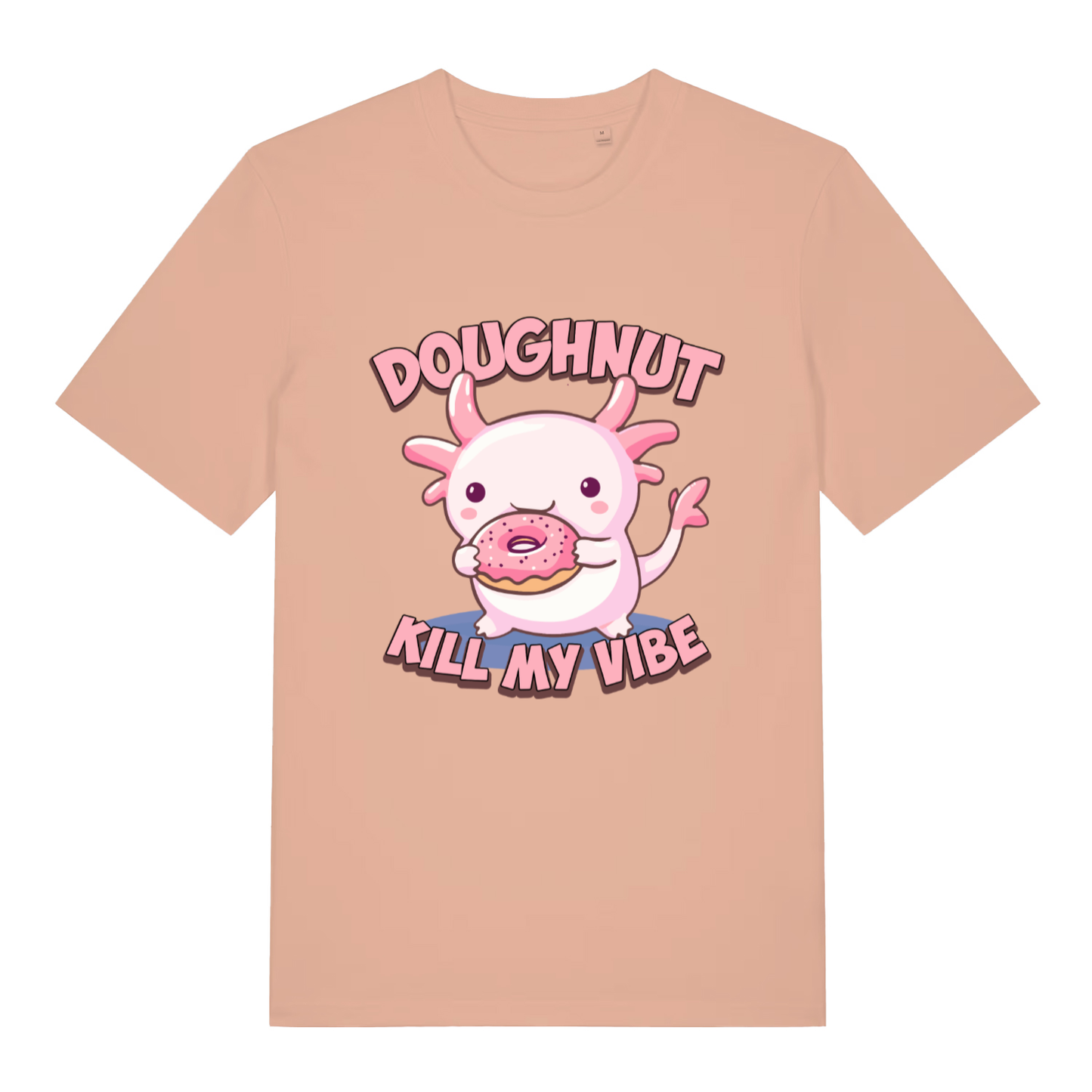 Peach women's Doughnut Kill My Vibe T-shirt flat lay with clean funny animal donut graphic