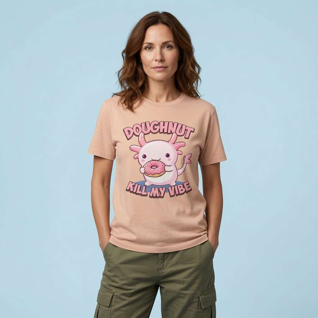 Woman standing with hands in pockets in peach Doughnut Kill My Vibe t-shirt, witty funny axolotl pun