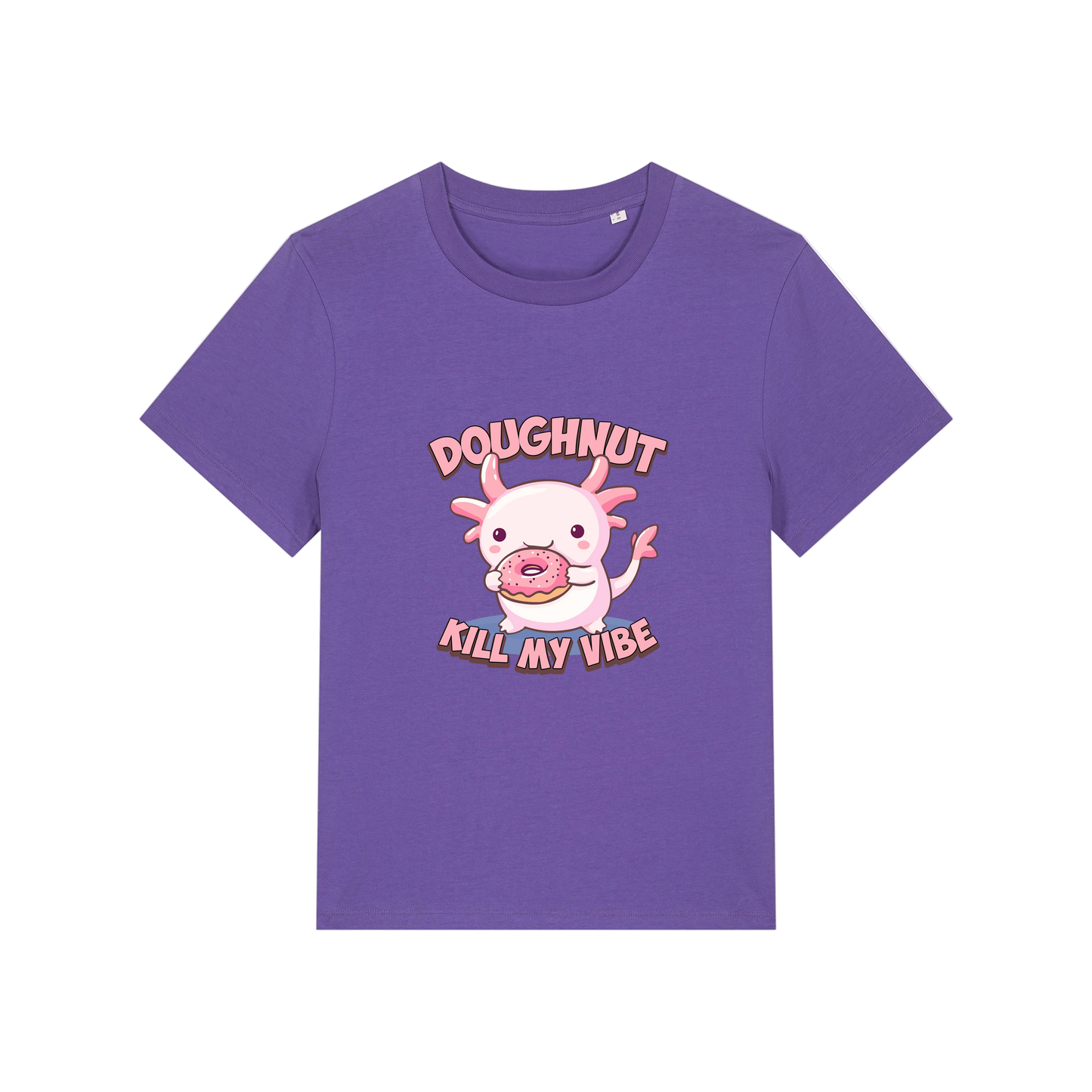 purple funny animal t-shirt with the graphic of a cartoon axolotl eating a doughnut with the slogan 'doughnut kill my vibe'
