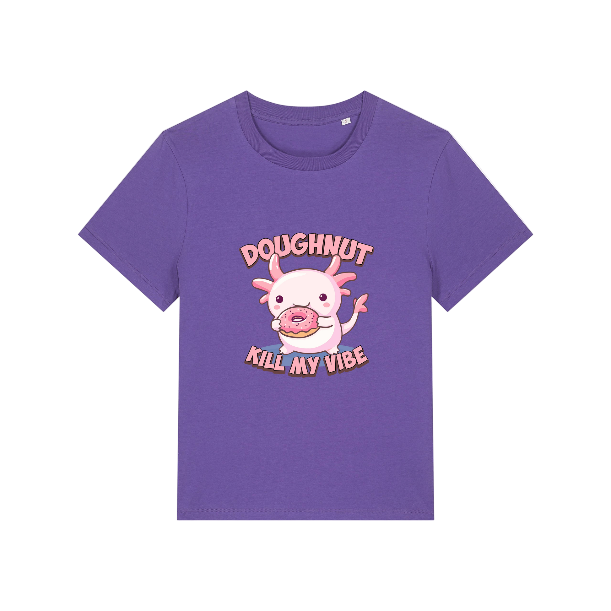 purple funny animal t-shirt with the graphic of a cartoon axolotl eating a doughnut with the slogan 'doughnut kill my vibe'