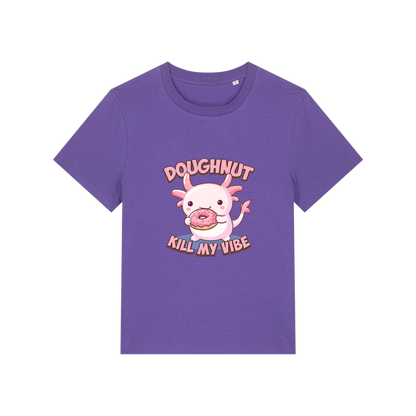 purple funny animal t-shirt with the graphic of a cartoon axolotl eating a doughnut with the slogan 'doughnut kill my vibe'