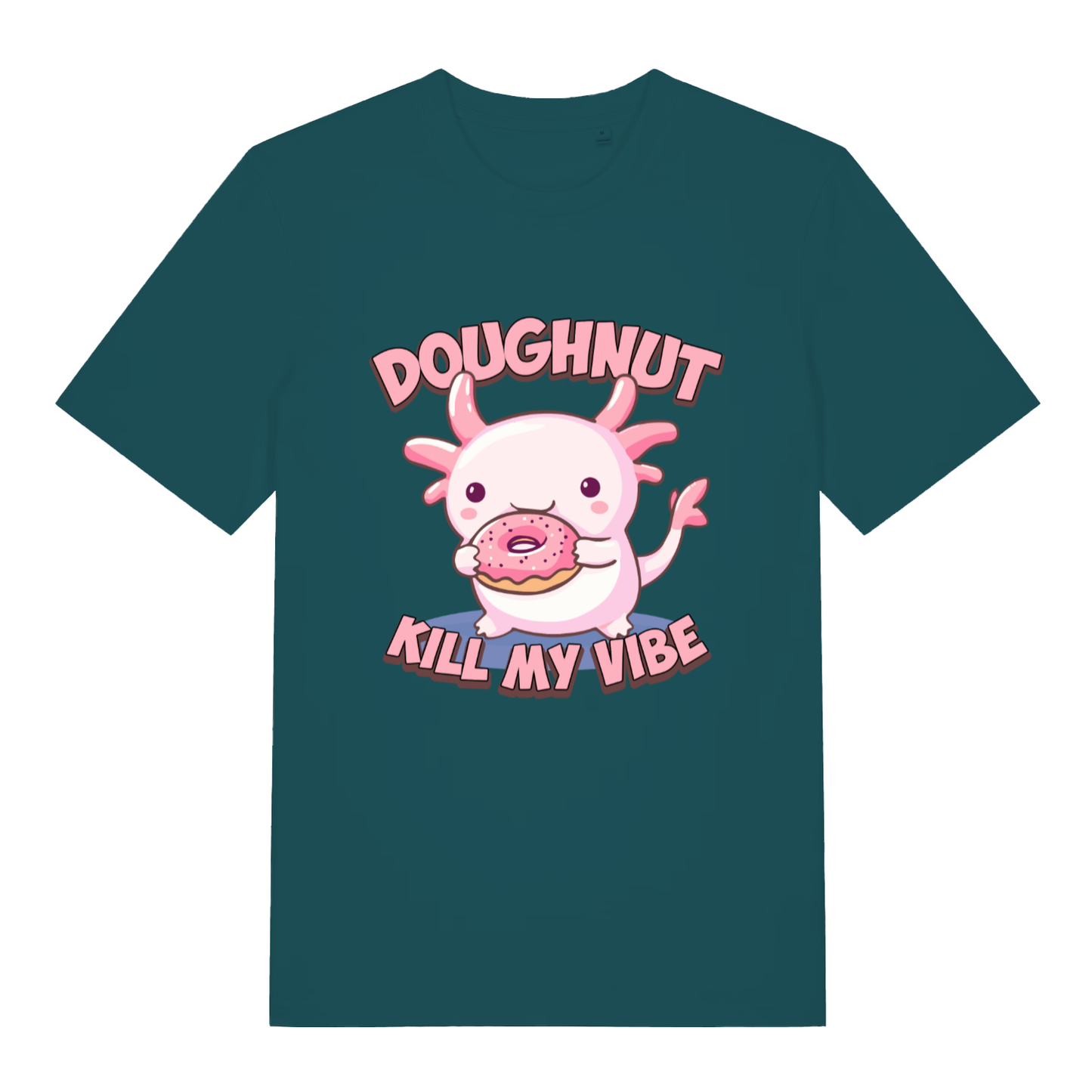 Stargazer women's Doughnut Kill My Vibe T-shirt flat lay with bold donut axolotl illustration