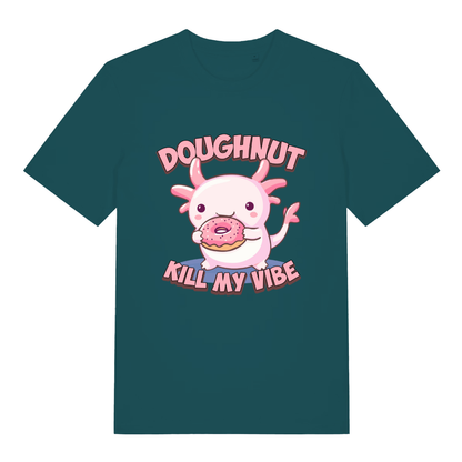 Stargazer women's Doughnut Kill My Vibe T-shirt flat lay with bold donut axolotl illustration