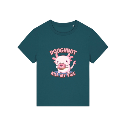 teal funny animal t-shirt with the graphic of a cartoon axolotl eating a doughnut with the slogan 'doughnut kill my vibe'