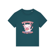 teal funny animal t-shirt with the graphic of a cartoon axolotl eating a doughnut with the slogan 'doughnut kill my vibe'