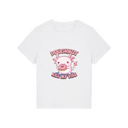 white funny animal t-shirt with the graphic of a cartoon axolotl eating a doughnut with the slogan 'doughnut kill my vibe'