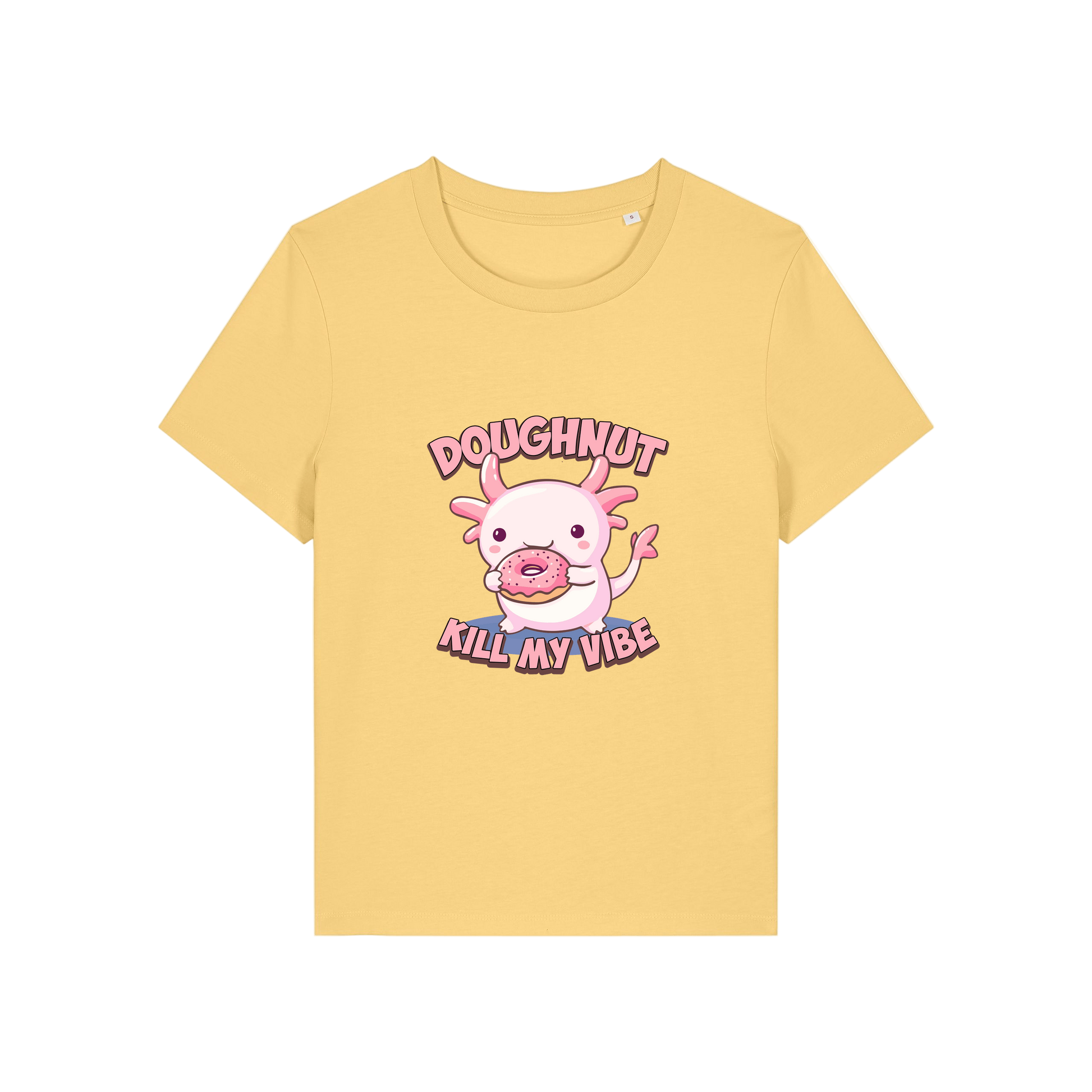 yellow funny animal t-shirt with the graphic of a cartoon axolotl eating a doughnut with the slogan 'doughnut kill my vibe'