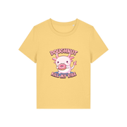 yellow funny animal t-shirt with the graphic of a cartoon axolotl eating a doughnut with the slogan 'doughnut kill my vibe'