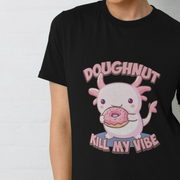 Black kawaii t-shirt with a cartoon axolotl holding a donut and the feel good text 
