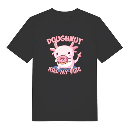 Black kawaii t-shirt with a cartoon axolotl holding a doughnut and the slogan 'doughnut kill my vibe'