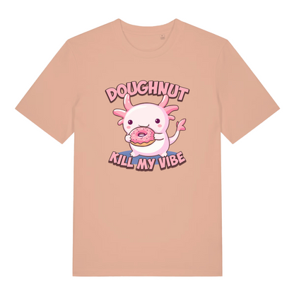 peach kawaii t-shirt with a cartoon axolotl holding a doughnut and the slogan 'doughnut kill my vibe'