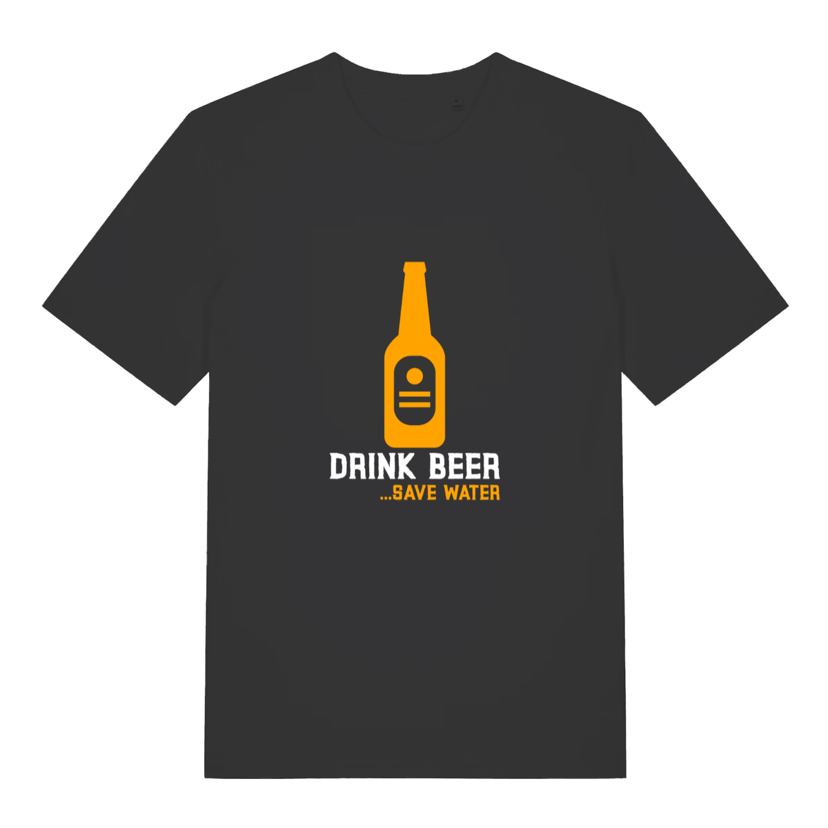 Black Drink Beer Save Water T-shirt flat lay with orange beer bottle slogan graphic