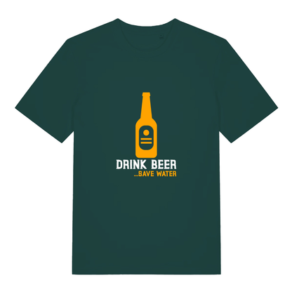 Glazed Green Drink Beer Save Water T-shirt flat lay showing bold beer bottle environmental message
