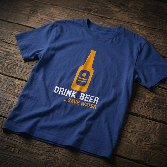 Worker blue Drink Beer …Save Water t-shirt on wood with simple beer bottle graphic