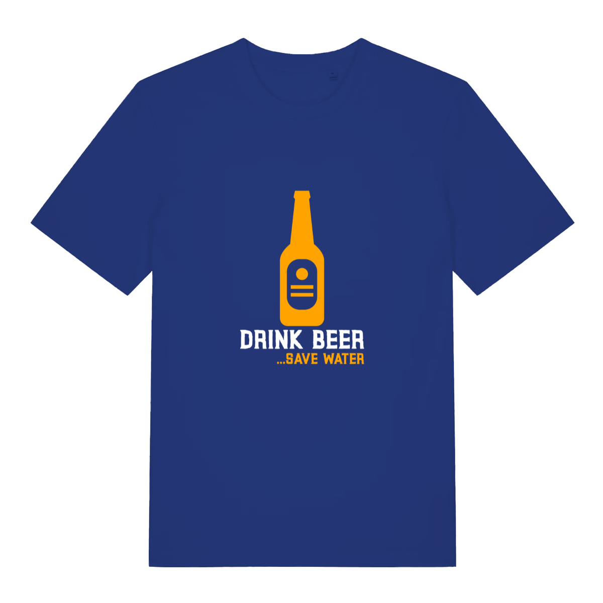 Worker Blue Drink Beer Save Water T-shirt flat lay with clean orange beer icon and slogan