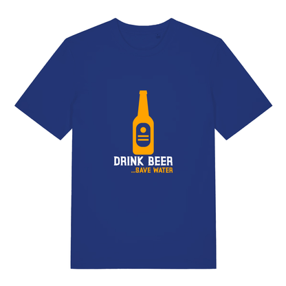 Worker Blue Drink Beer Save Water T-shirt flat lay with clean orange beer icon and slogan