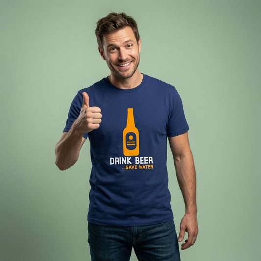 Smiling man giving thumbs up in worker blue Drink Beer …Save Water t-shirt, mens funny beer banter slogan