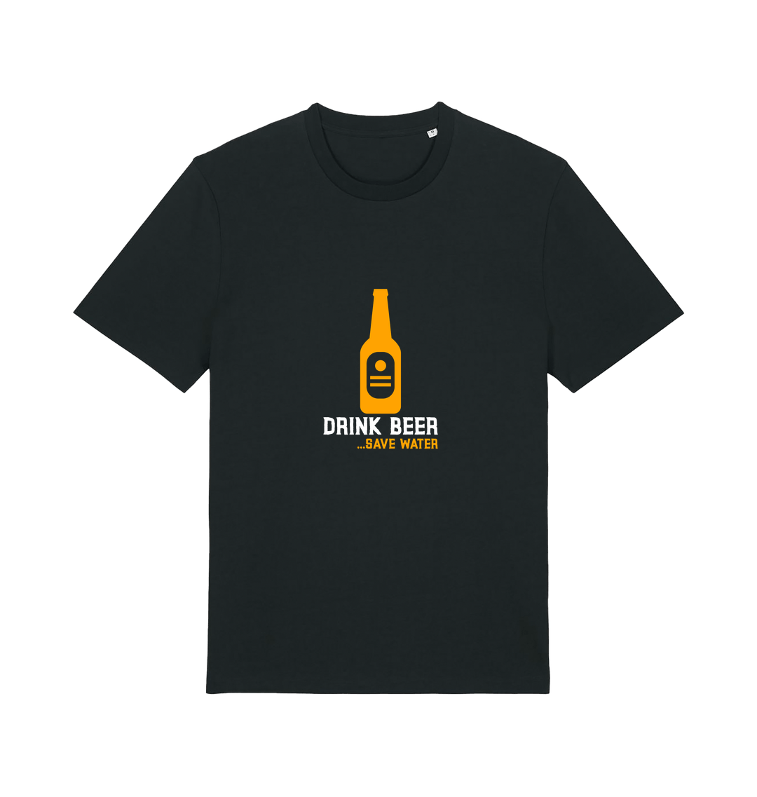 Black graphic t-shirt with a yellow beer bottle graphic and the slogan 'drink beer save water'