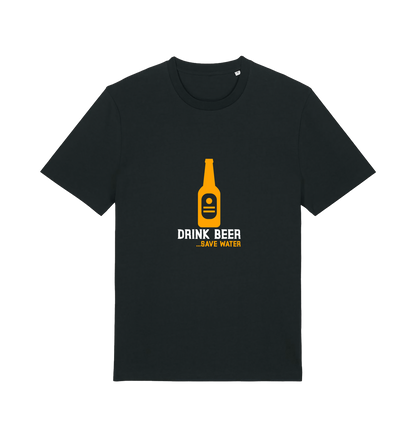 Black graphic t-shirt with a yellow beer bottle graphic and the slogan 'drink beer save water'