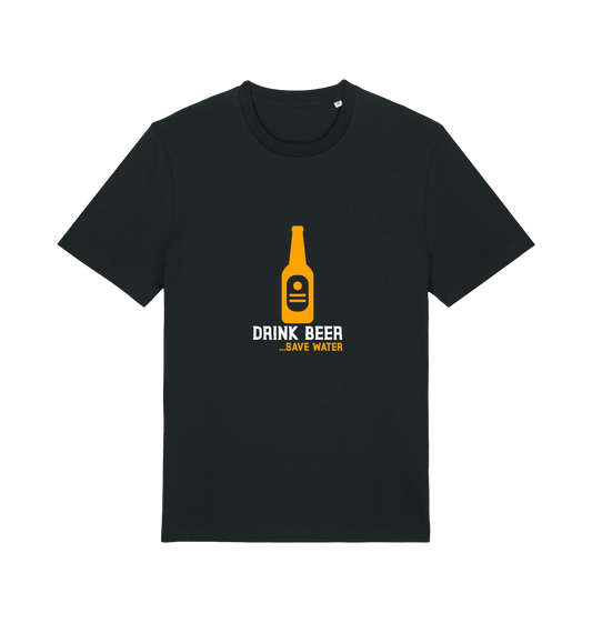 Black graphic t-shirt with a yellow beer bottle graphic and the slogan 'drink beer save water'