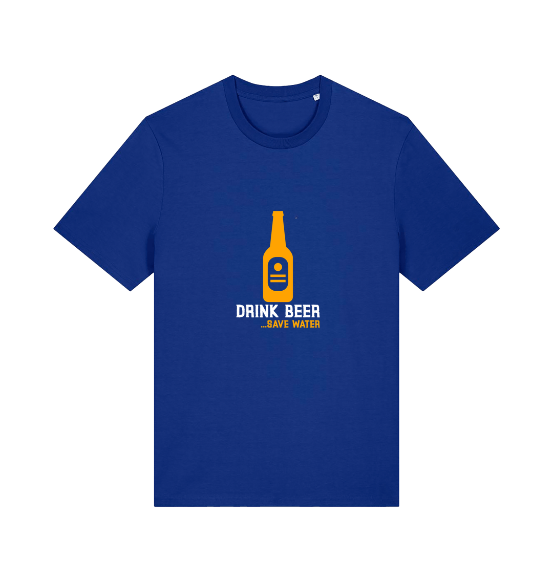 blue graphic t-shirt with a yellow beer bottle graphic and the slogan 'drink beer save water'